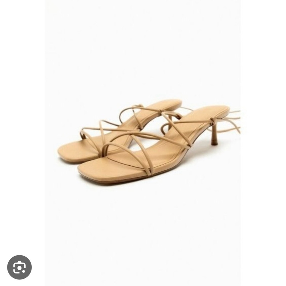 Zara Nude Lace Up Kitten Heel Sandals Size 40 New Square Toe Strappy Heels
